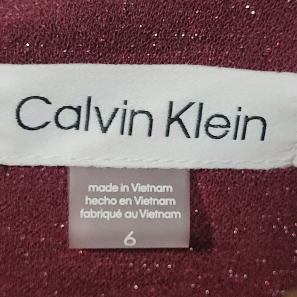 Calvin Klein Sheath Dress Womens 6 Wine Red Tie Neck Sparkle Detail 3/4 Sleeves - Picture 14 of 16